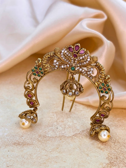 Gold-Plated Kundan and AD Pearl Embellished Traditional Hair Juda Pin