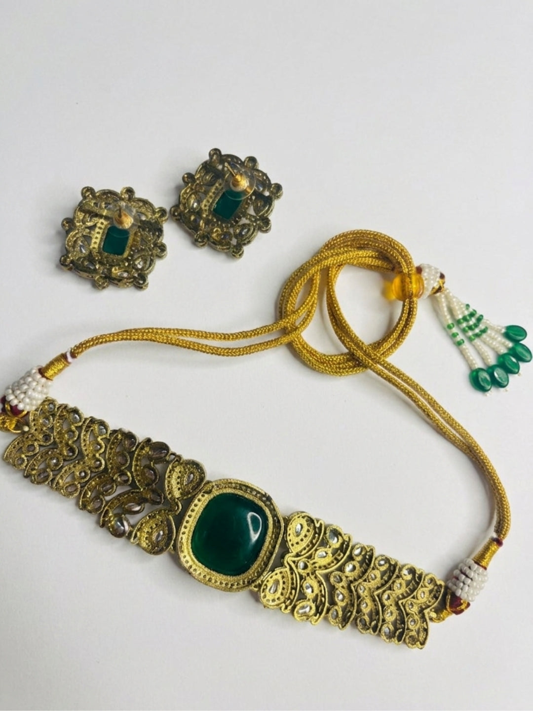 VIVAZS Green Kundan-Studded Cubic Zirconia Golden Necklace Set