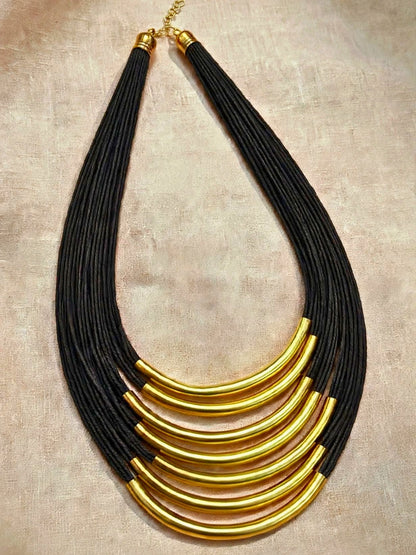 Gold-Plated Oxidised Statement Black Thread Layered Jute Necklace