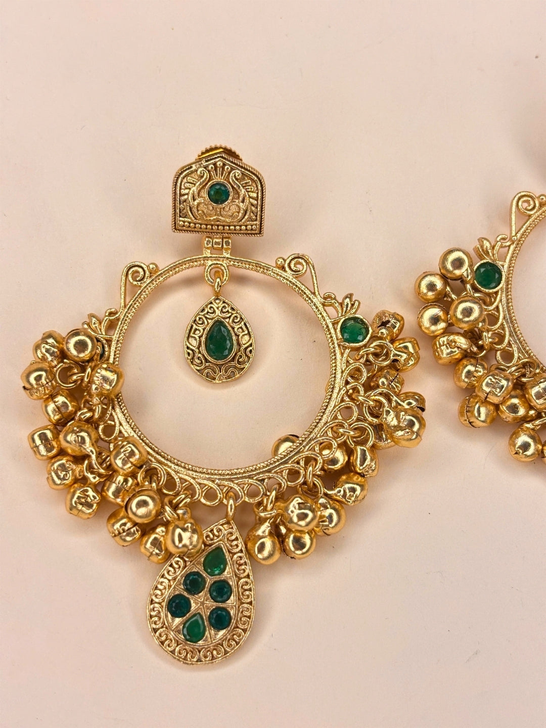 Gold-Plated Green Kundan Ghungroo Statement Earrings