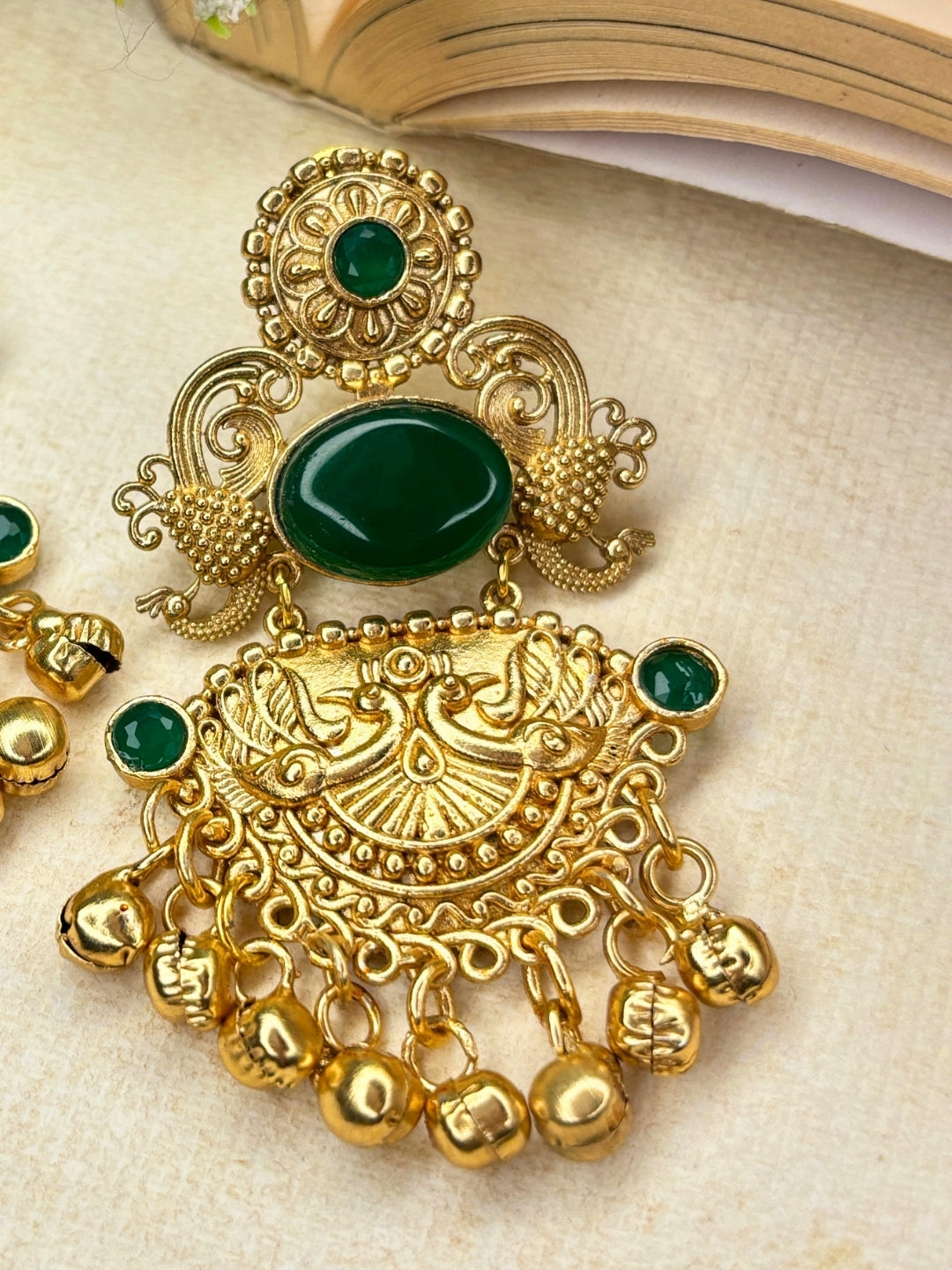 Gold-Plated Green Stone-Studded Peacock Motif Dangler Earrings