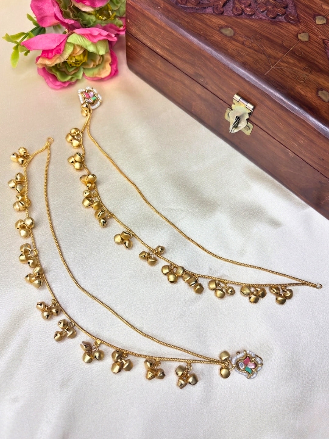 Set Of 2 Gold-Plated Peacock Shaped Kundan & Ghungaroo Studded Kashmiri Drop Earrings