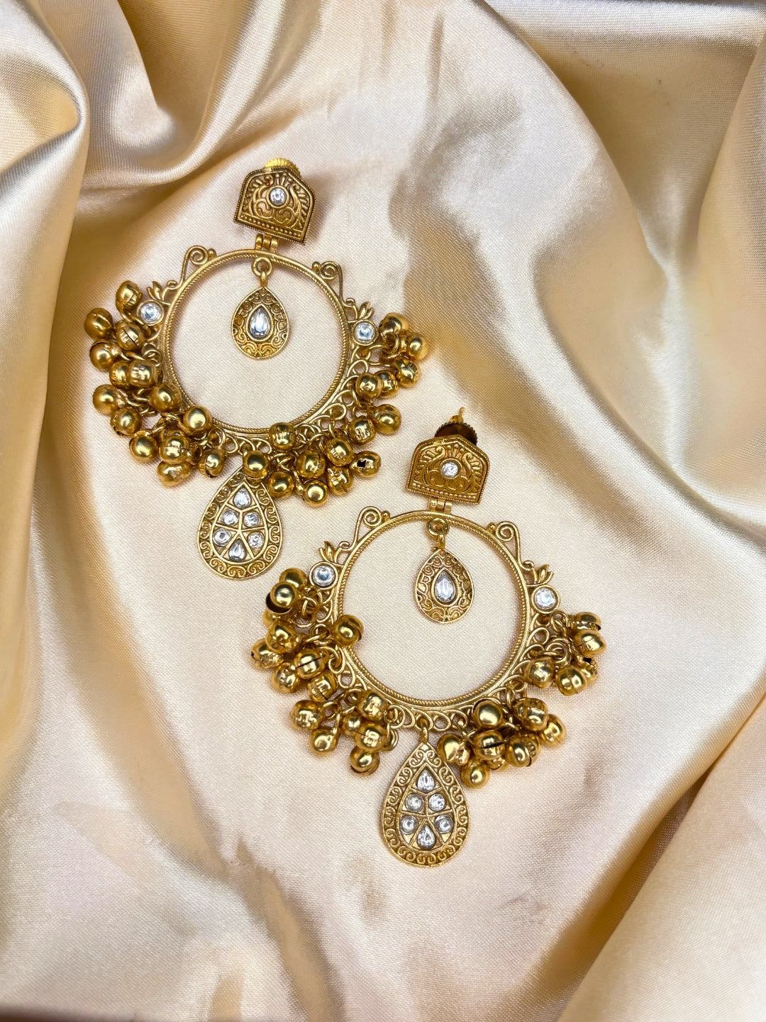 Gold-Plated White Kundan Ghungroo Statement Earrings