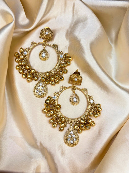 Gold-Plated White Kundan Ghungroo Statement Earrings