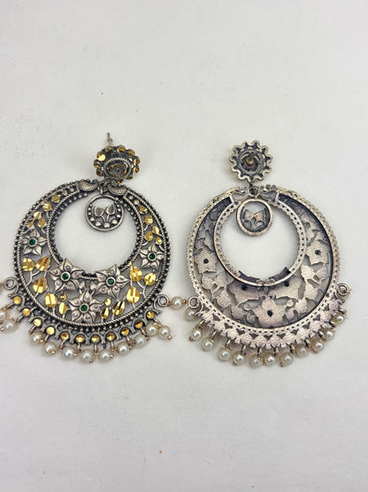 Oxidised Silver-Plated Floral Green Stone & Pearl Embellished Statement Chandbali Earrings