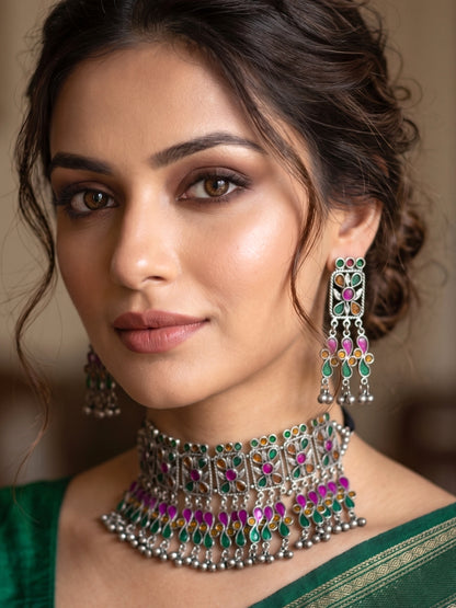 Silver-Plated Oxidised Meenakari Statement Necklace Set(Rani Pink and Green)