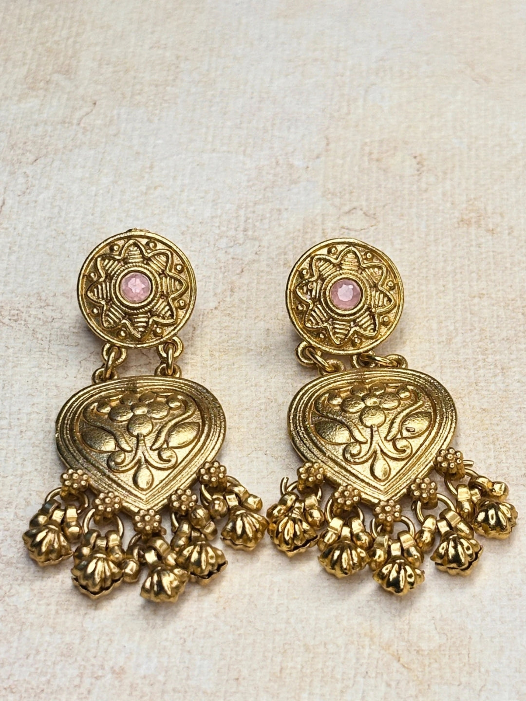 Gold-Plated Pink Kundan Stone Floral Drop Statement Earrings