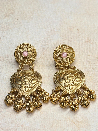 Gold-Plated Pink Kundan Stone Floral Drop Statement Earrings