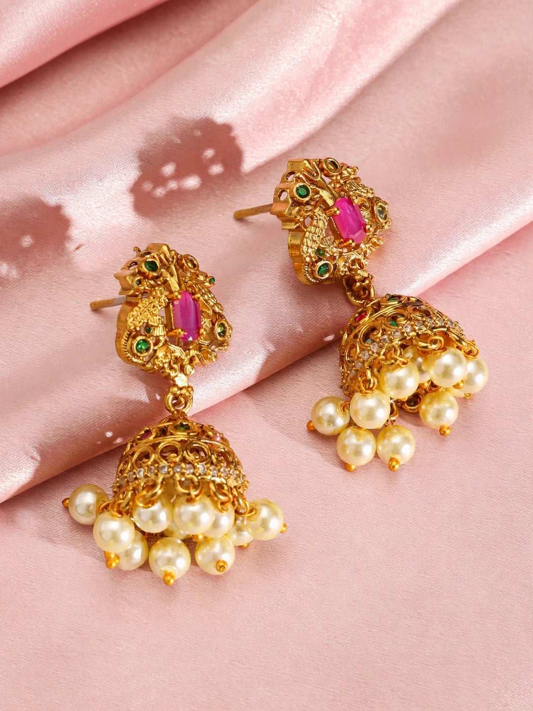 Gold-Plated Ruby & Emerald CZ Studded Temple Jewellery Set