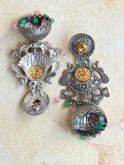 Oxidised Silver Plated Peacock Shaped Jhumkas Earrings (Pink & Mint)