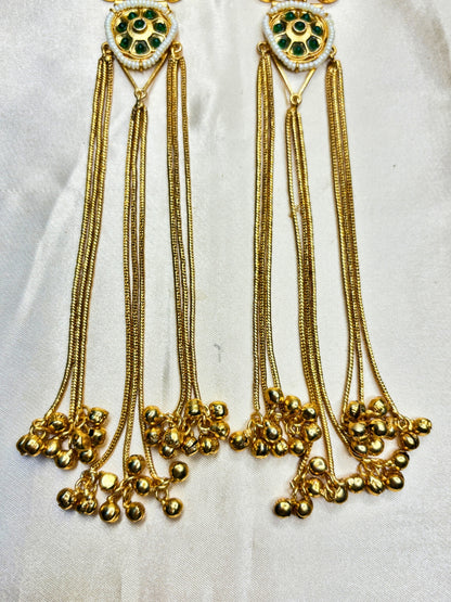 Gold-Toned Green Stone Embellished Kundan Tassel Drop Earrings