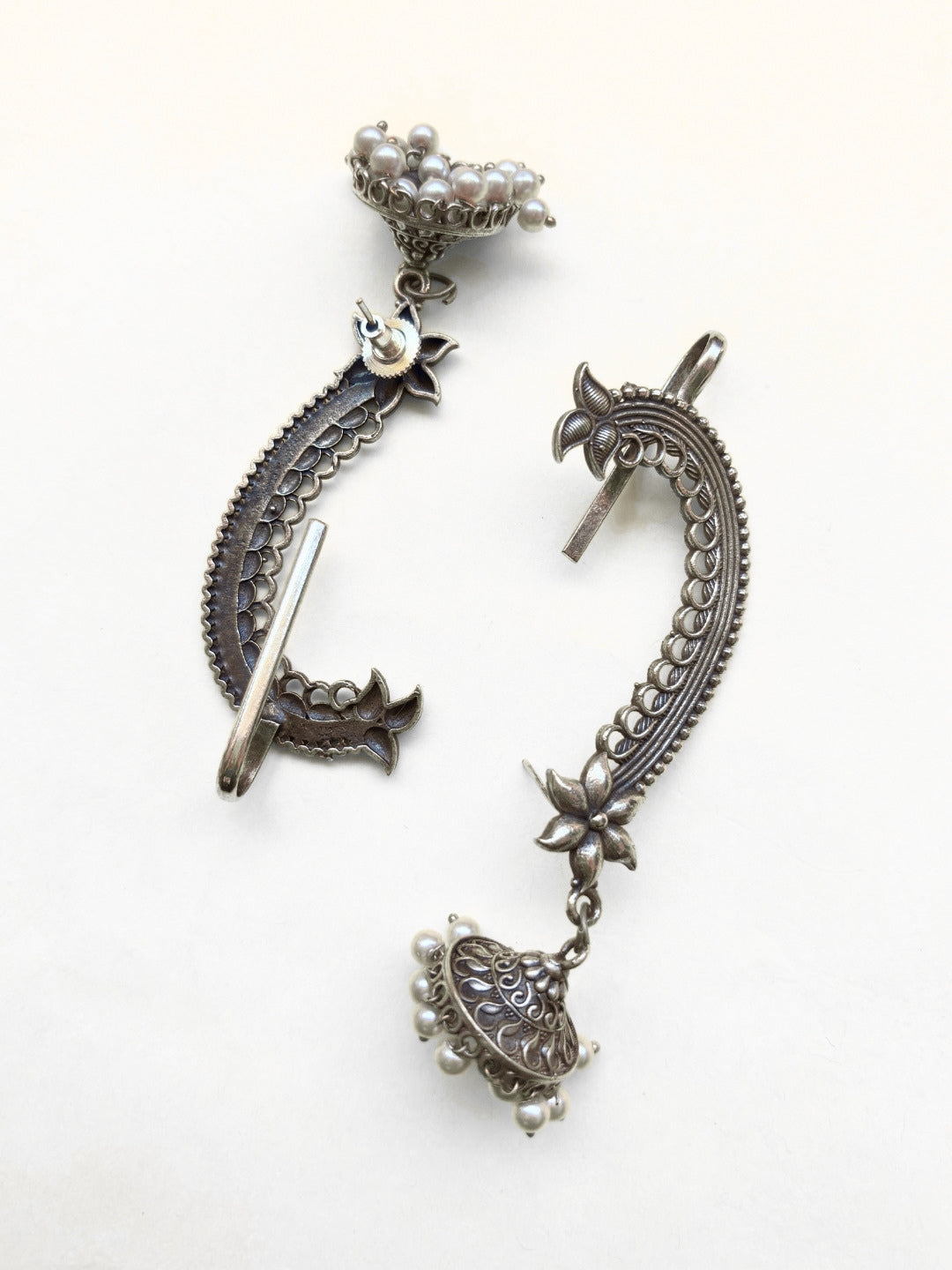 Oxidised Silver-Plated Floral Ear Cuff Jhumka Earrings