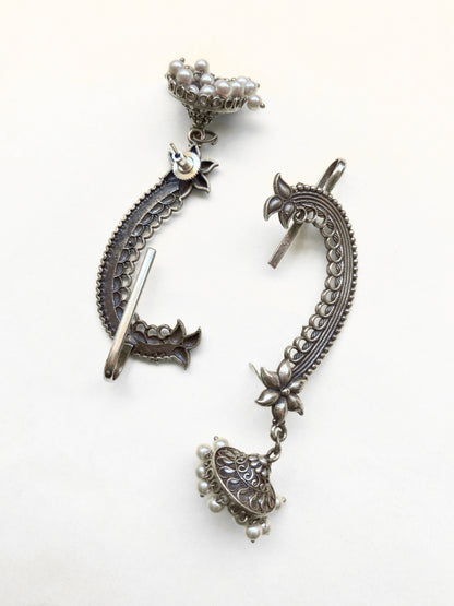 Oxidised Silver-Plated Floral Ear Cuff Jhumka Earrings