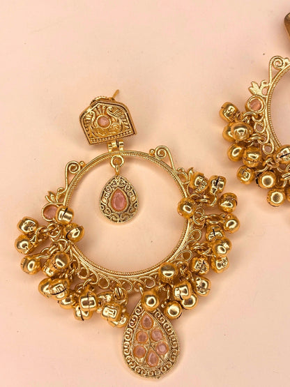Gold-Plated Pink Kundan Ghungroo Statement Earrings