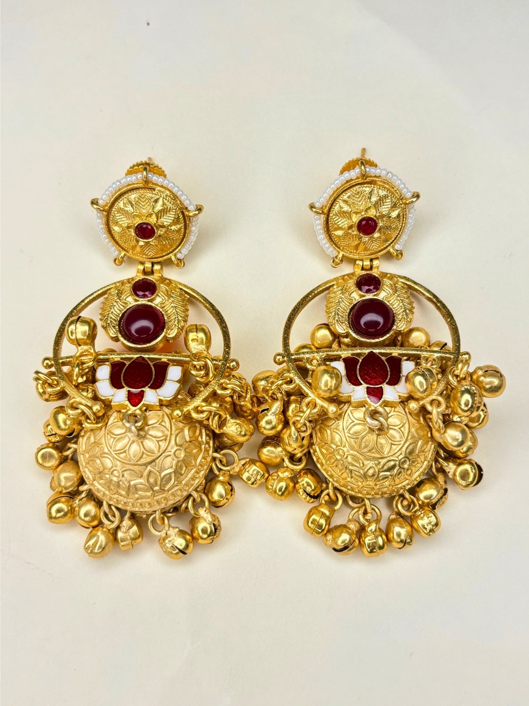 Gold-Plated Artificial red Stones Studded And Beaded Dome Shaped Jhumkas