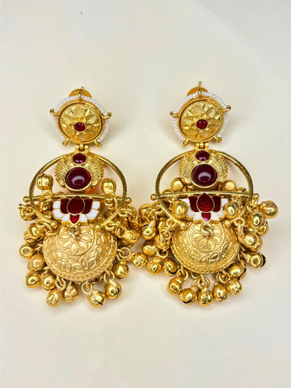 Gold-Plated Artificial red Stones Studded And Beaded Dome Shaped Jhumkas