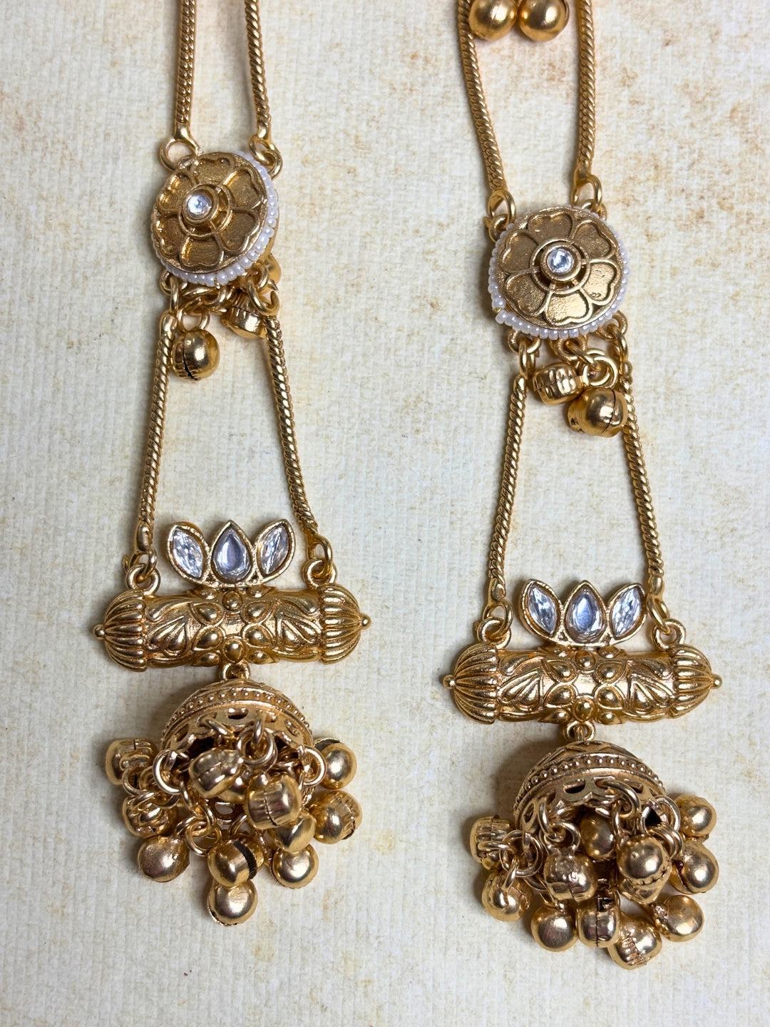 Gold-Plated Pearl Studded Kundan Long Chain Kashmiri Jhumka Earrings