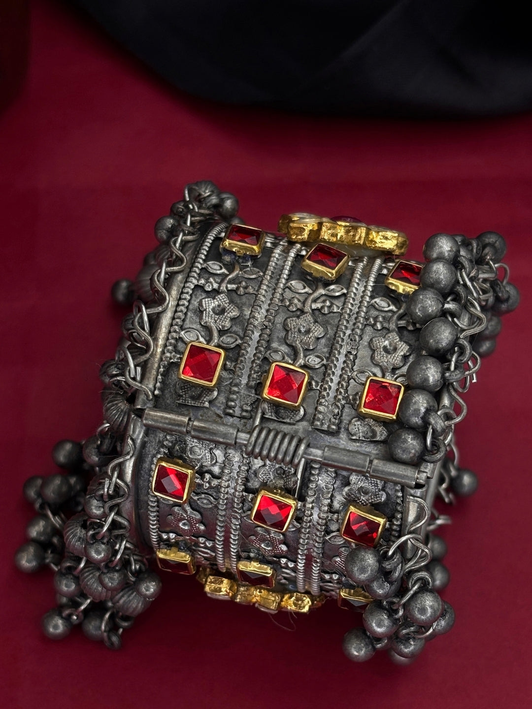 Silver-Plated Oxidised Red Stone Ghungroo Statement Kada Bangle Bracelet