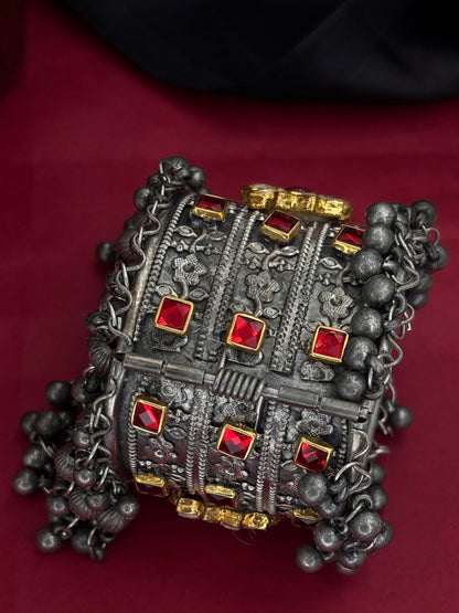 Silver-Plated Oxidised Red Stone Ghungroo Statement Kada Bangle Bracelet