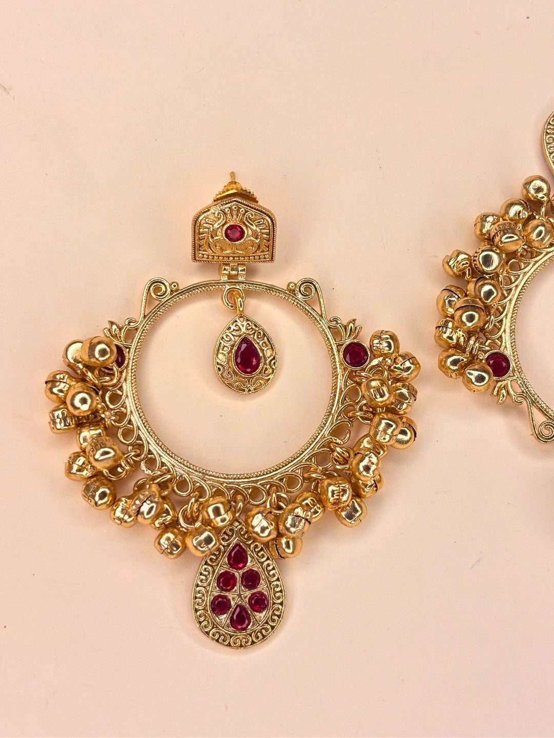 Gold-Plated Red Kundan Ghungroo Statement Earrings