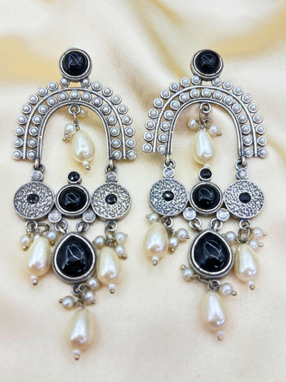 Black Stone & Pearl Embellished Oxidised Chandbali Statement Earrings