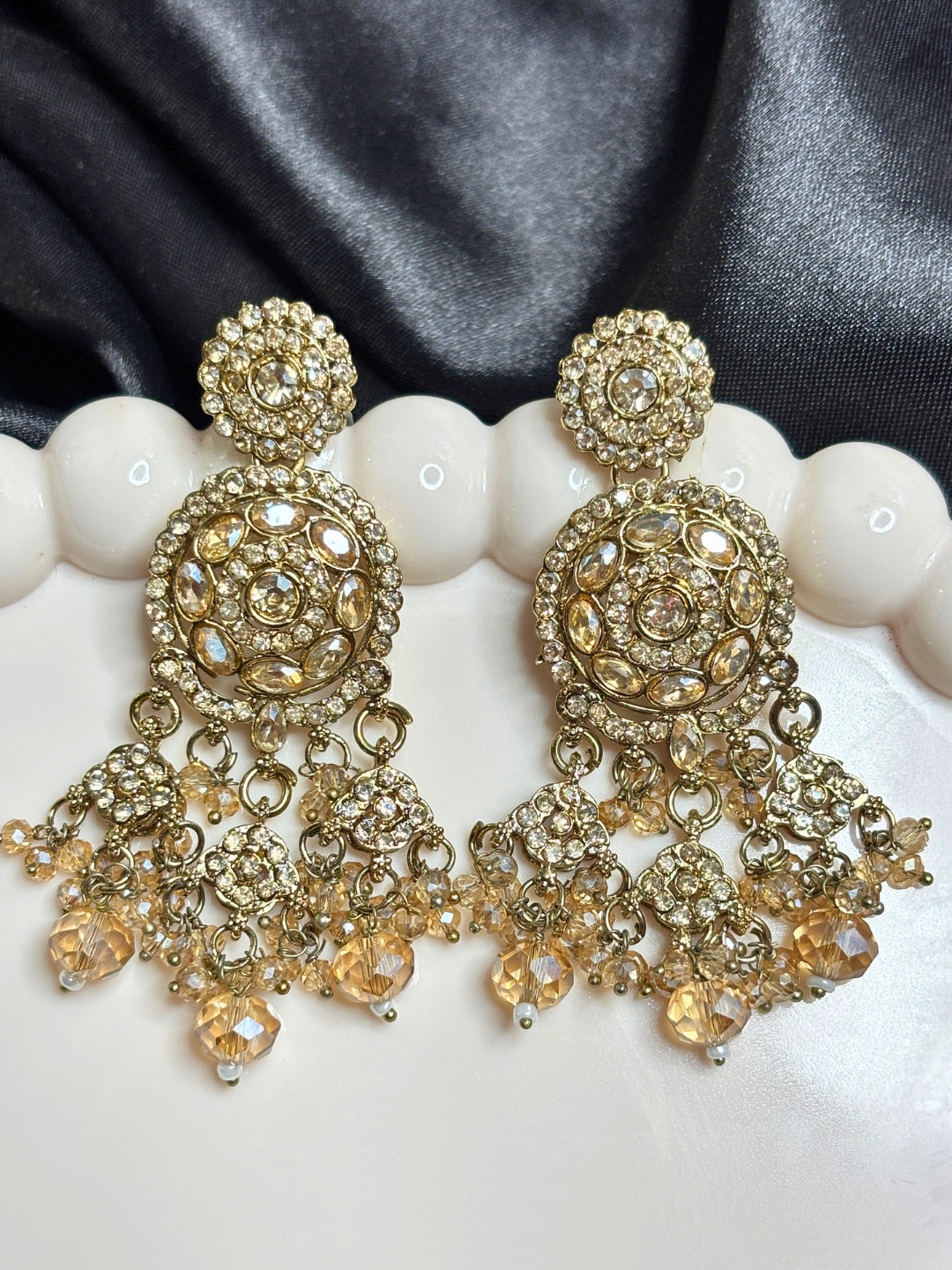 Gold-Plated Embellished Kundan Crystal Long Chandbali Jhumka Earrings