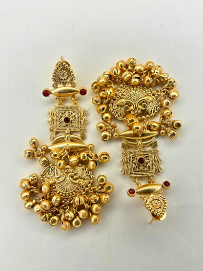 Gold-Plated Pink Stone Kundan Ghungroo Statement Drop Earrings
