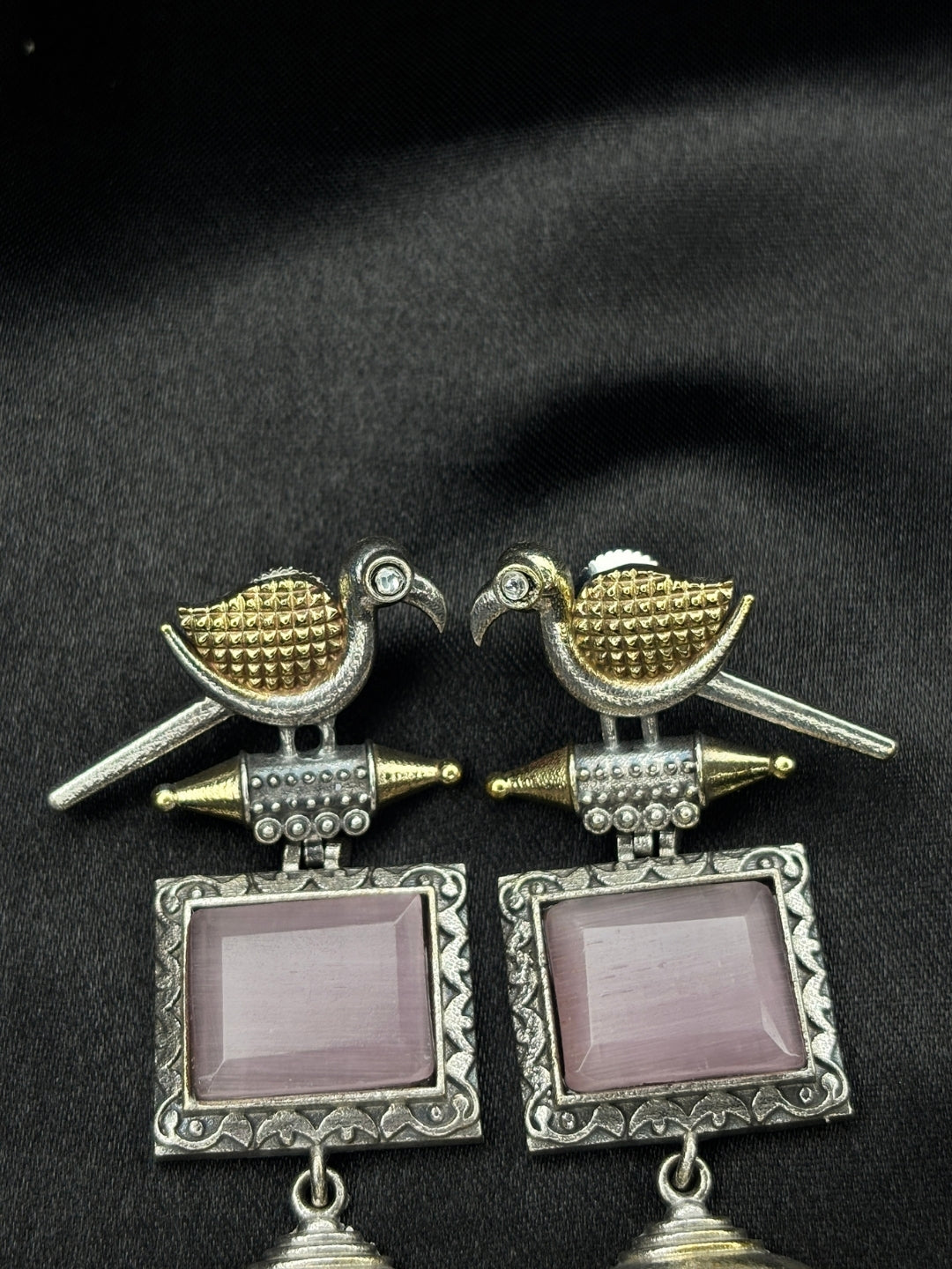 Silver & Gold Dual-Plated Oxidised Long Pink Stone Contemporary Bird Jhumkas Earrings