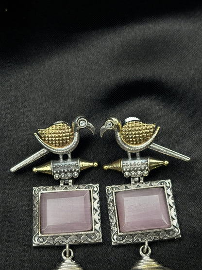 Silver & Gold Dual-Plated Oxidised Long Pink Stone Contemporary Bird Jhumkas Earrings