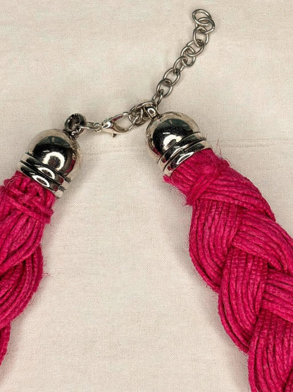 German Silver Floral & Peacock Charm Statement Bohemian Meenakari Magenta Jute Necklace