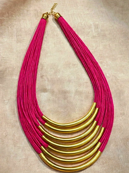 Gold-Plated Oxidised Statement Magenta Thread Layered Jute Necklace