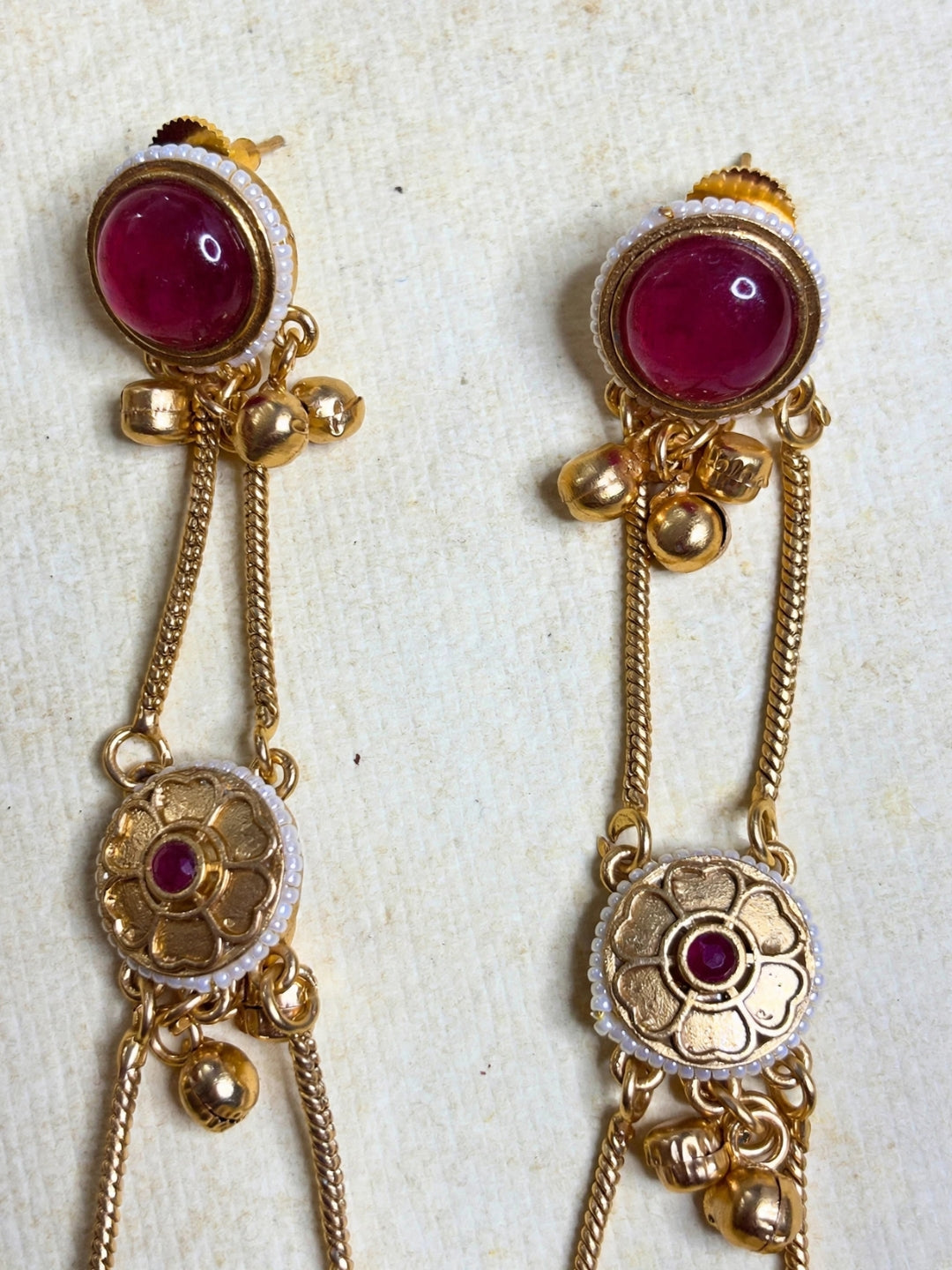 Gold-Plated Red Kundan Stone Studded Long Chain Kashmiri Jhumka Earrings