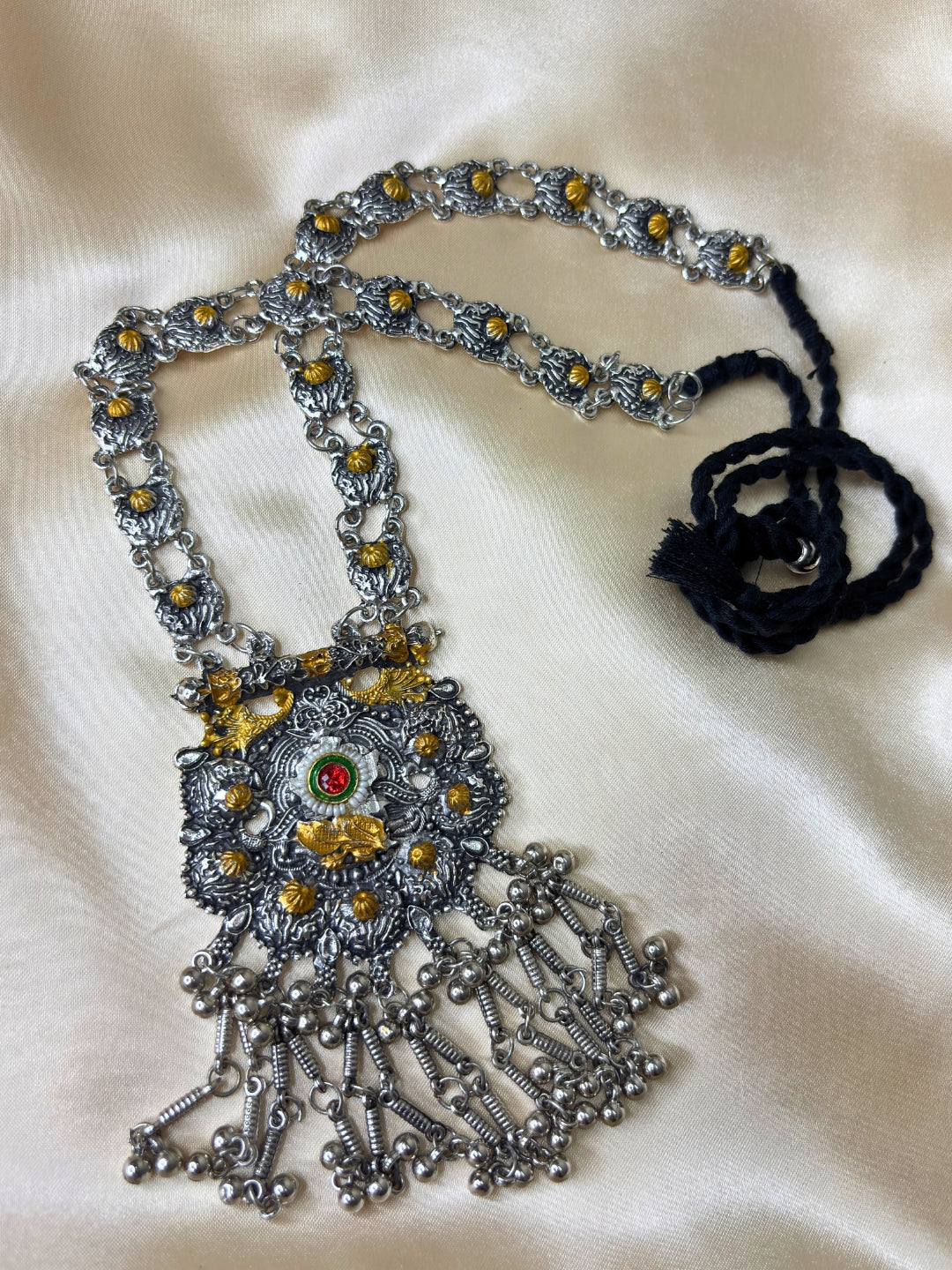 Women Oxidised Silver-Plated & Gold-Toned Stone Studded Long Pendant Necklace Jewellery Set
