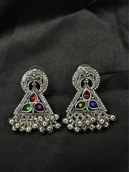 Oxidised Silver-Plated Multicolour Stone Embellished Tribal Statement Choker Necklace Jewellery Set