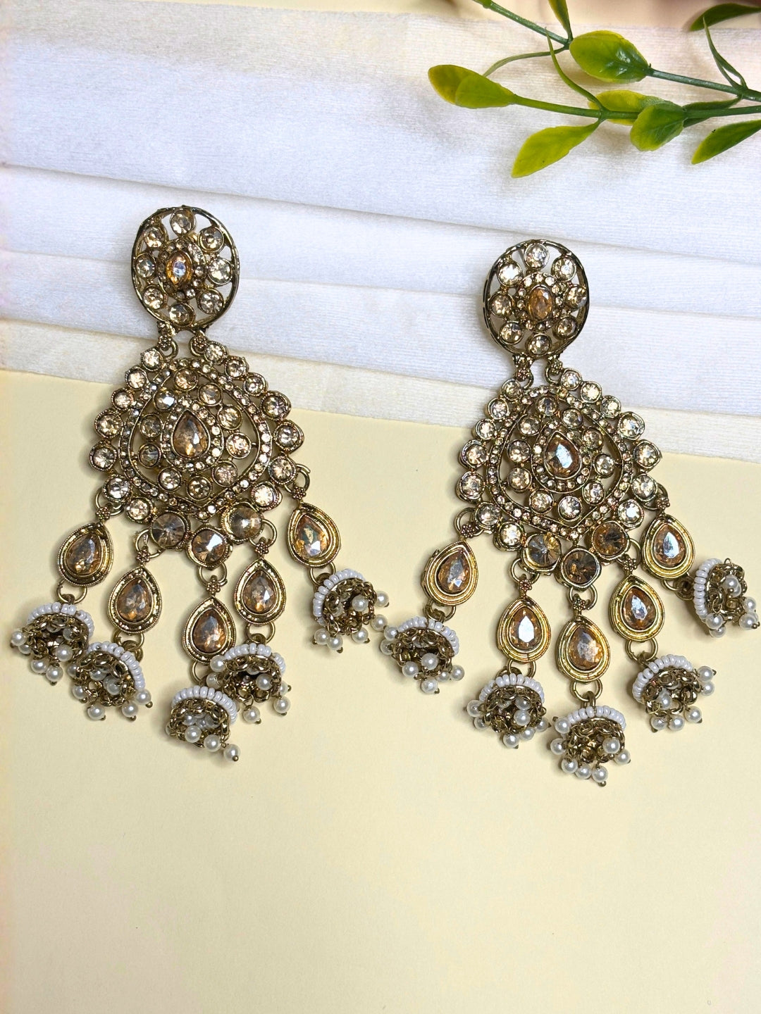 Gold-Plated Kundan, Zirconia & White Pearl Beaded Long Chandbali Earrings