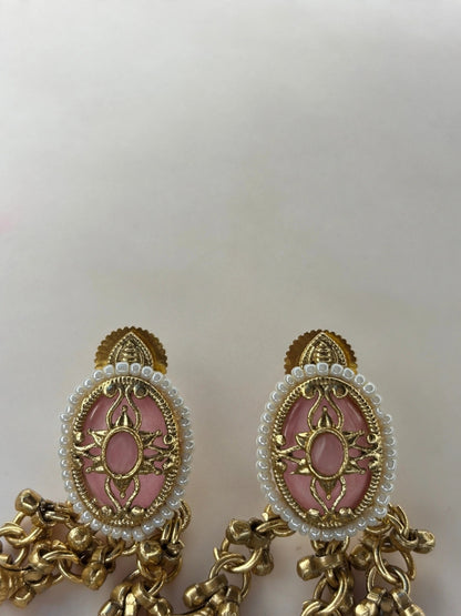 Gold-Plated Pink Kundan Stone Contemporary Stud Earrings