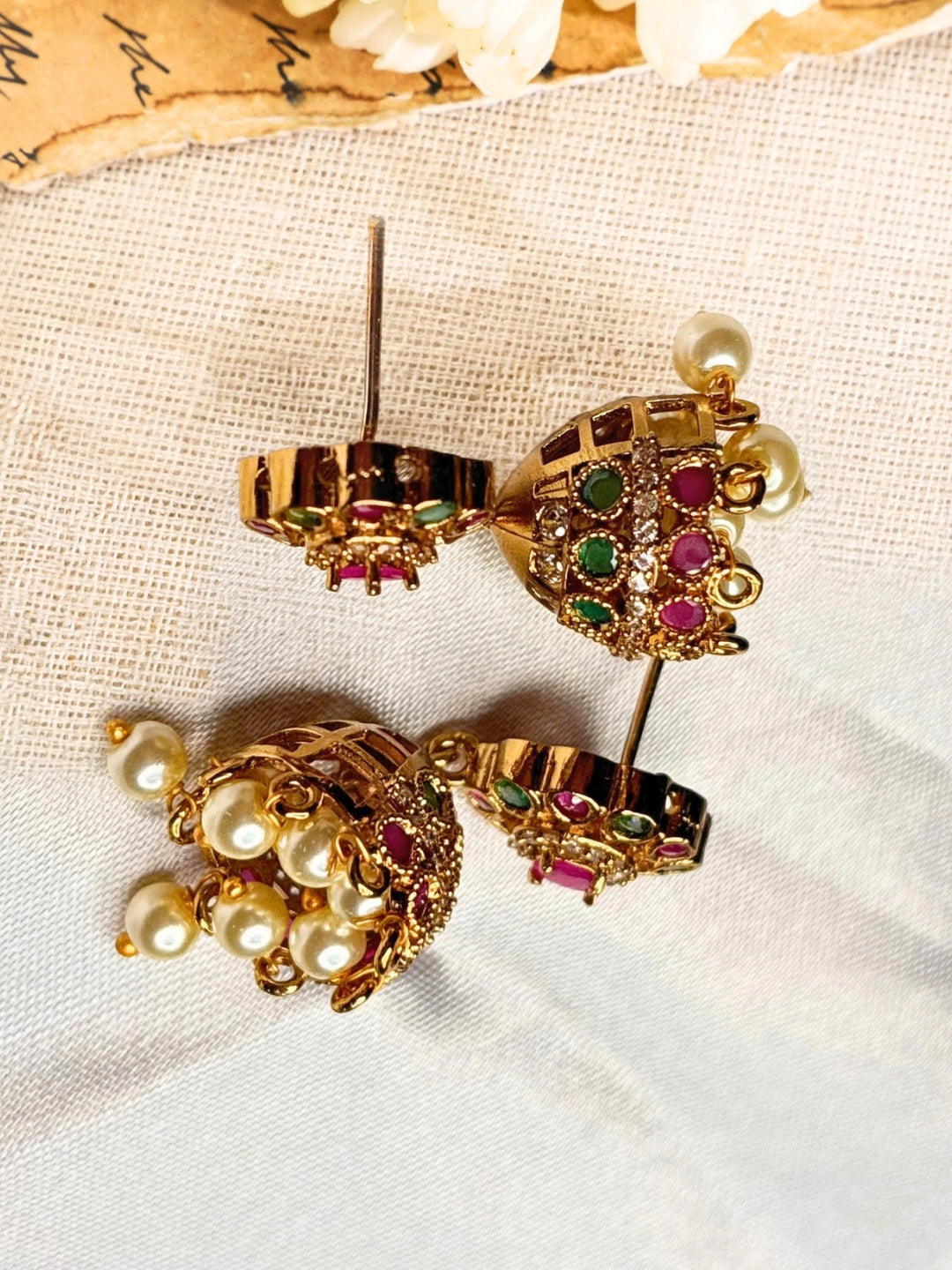 Gold-Plated Ruby & Emerald CZ Studded Temple Jewellery Set