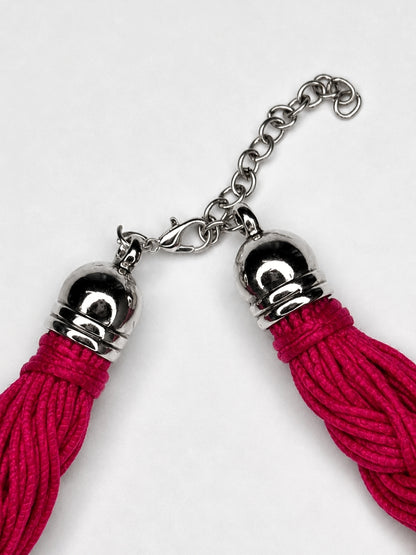 German Silver Magenta Braided Thread Oxidised Silver Statement Necklace