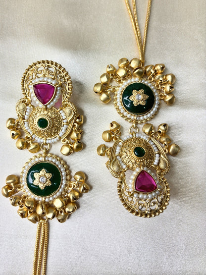 Set Of 2 Gold-Plated Peacock Shaped Kundan & Ghungaroo Studded Kashmiri Drop Earrings