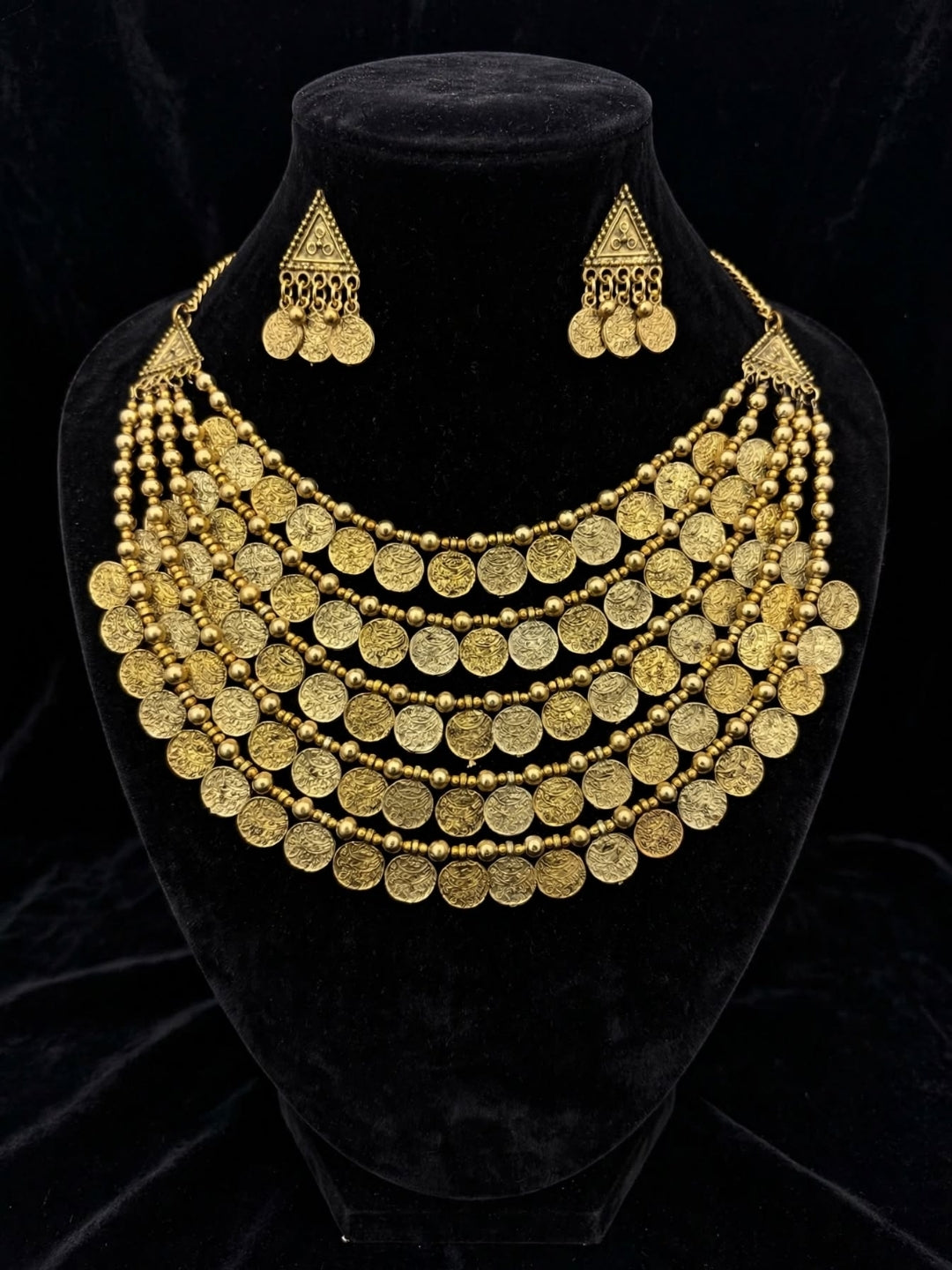 Gold-Plated Antique Coin Layered Statement Necklace Jewellery Set