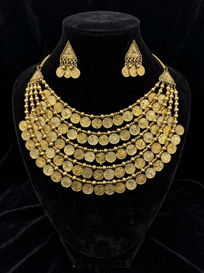 Gold-Plated Antique Coin Layered Statement Necklace Jewellery Set