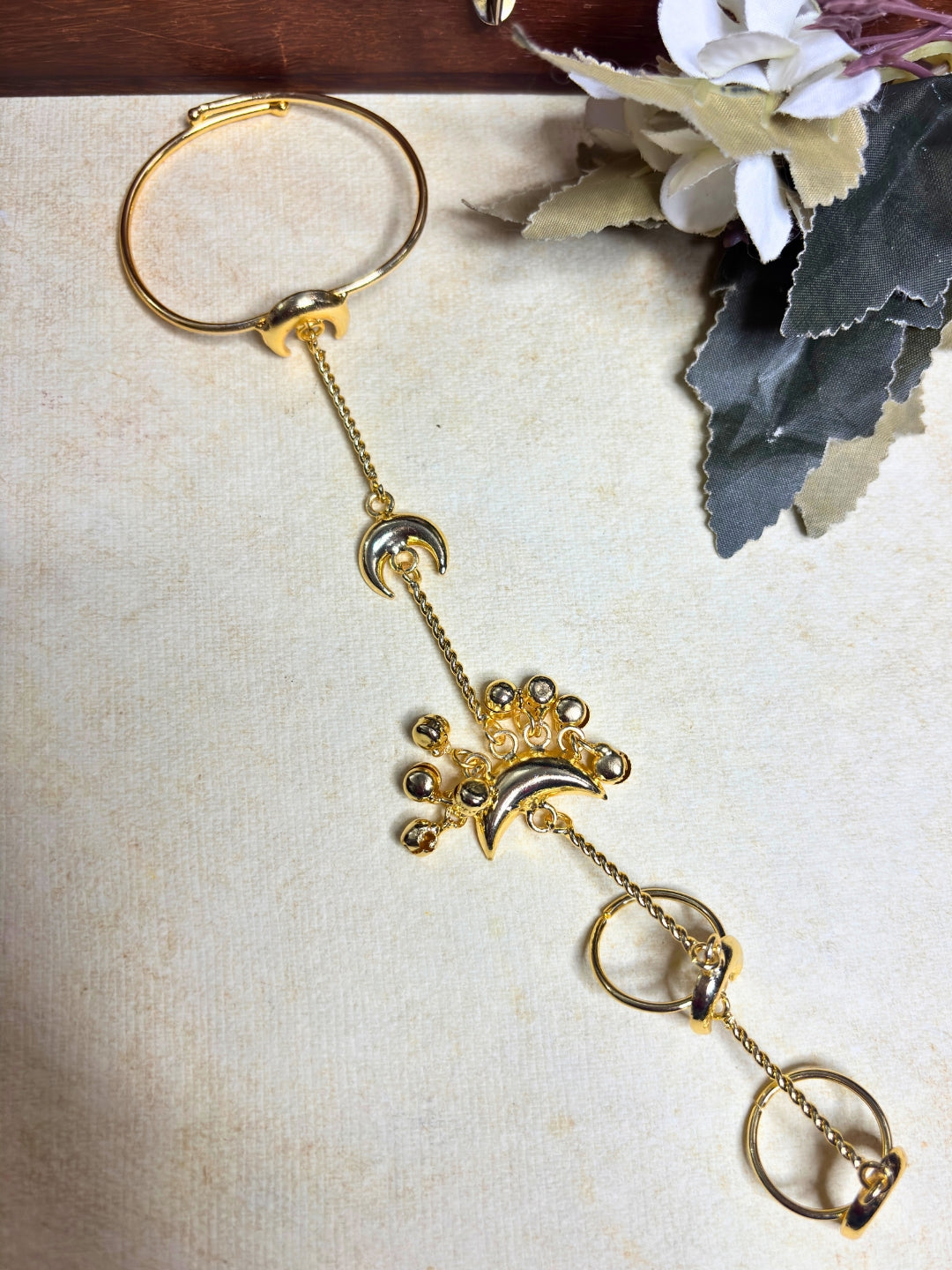 Gold Plated Chand Ghungroo Hathphool Kashmiri Bangle Bracelet Set
