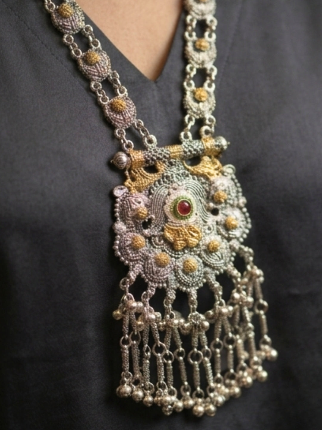 Women Oxidised Silver-Plated & Gold-Toned Stone Studded Long Pendant Necklace Jewellery Set