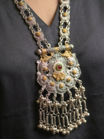 Women Oxidised Silver-Plated & Gold-Toned Stone Studded Long Pendant Necklace Jewellery Set