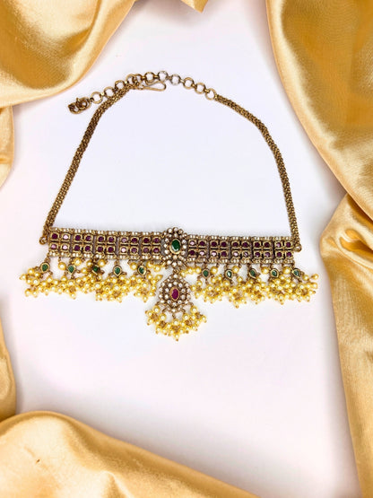 Gold-Plated Ruby, Emerald & Cubic Zirconia Studded Choker Set with Pearl Beads