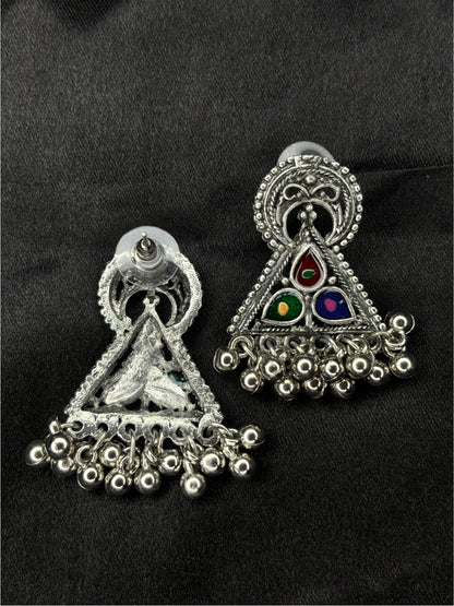 Oxidised Silver-Plated Multicolour Stone Embellished Tribal Statement Choker Necklace Jewellery Set