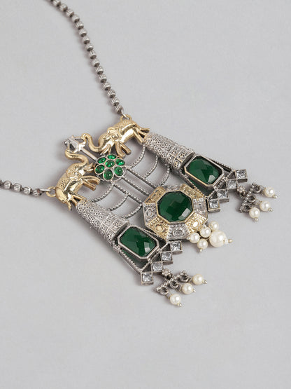 VIVAZS Dual Tone Green Emerald Studded Oxidised Necklace  Set