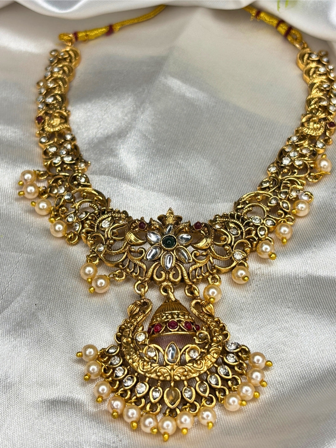 Gold-Plated Kundan Stone-Studded Peacock & Jhumka Pendant Necklace Jewellery Set