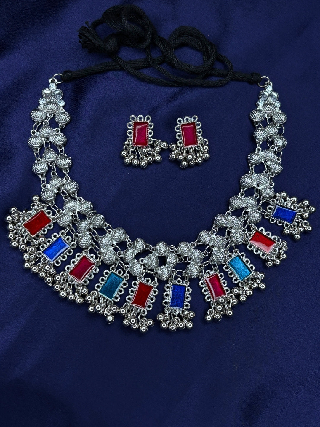 Oxidised Silver-Plated Multicolour Stone Embellished Statement Choker Necklace Jewellery Set