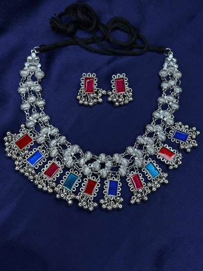 Oxidised Silver-Plated Multicolour Stone Embellished Statement Choker Necklace Jewellery Set